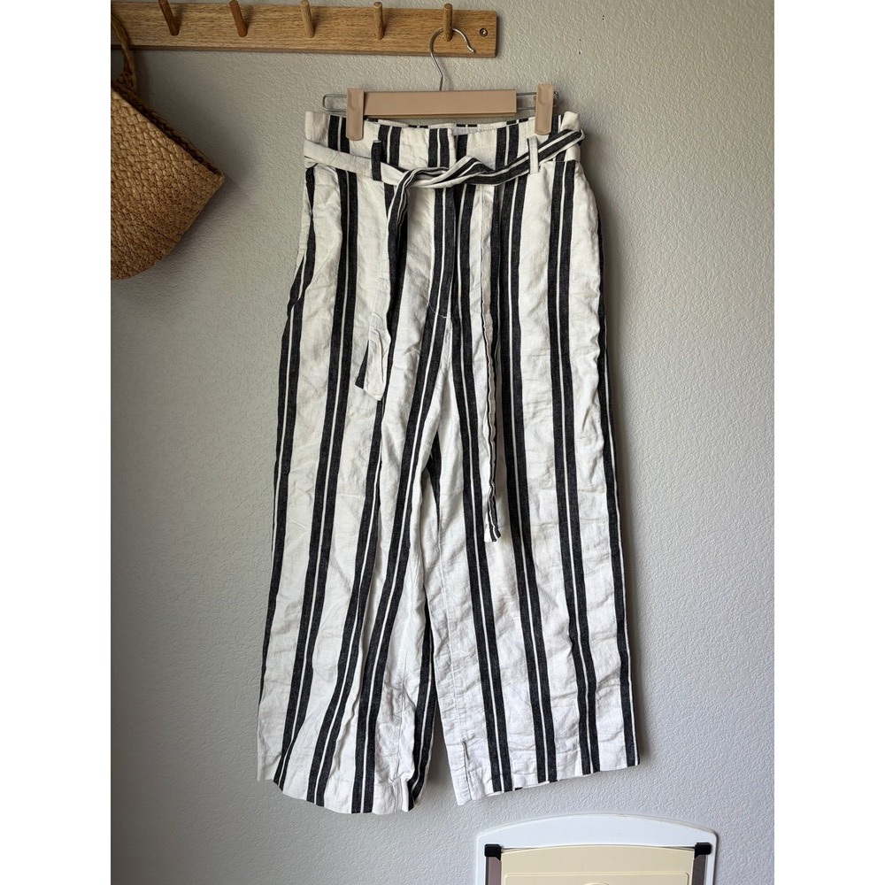 H&M Black and White Vertical-Stripe High-Waist Wide-Leg Pants with Tie Belt 6